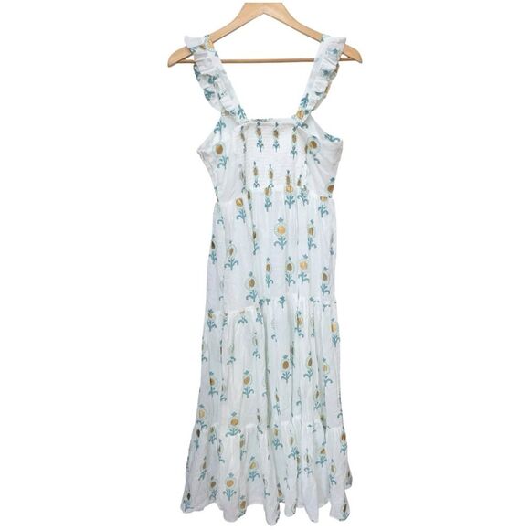 Oliphant Leela White Blue Ruffle Cross Back Sleeveless Midi Dress. NEW. Small. - Picture 3 of 16
